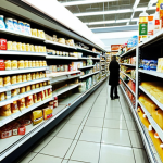The Grocery Cart's Hidden Costs**

"A thoughtful customer stands in a modern Russian supermarket's dairy aisle, observing a shelf stocked with milk and cheese. An imported milk carton or cheese package is prominently priced lower, creating a stark contrast with a domestic product of similar appearance which retains a higher price. The scene captures the consumer's subtle confusion, with a background that hints at global trade influences and supply chain complexities. Realistic, sharp focus on products and consumer's expression."

**