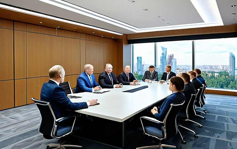 무역협상 중 협상 테이블 구성의 중요성 - **

A modern conference room in Moscow, Russia. Participants are seated around a rectangular table, ...