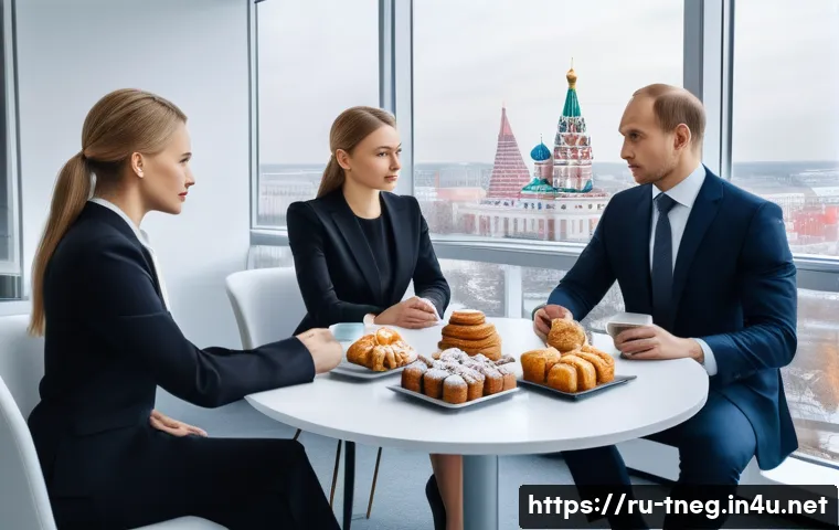 무역협상에서 성과를 높이는 방법 - A professional business negotiation scene set in a modern Russian office, featuring two men and two ...
