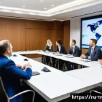 무역협상에서 협상의 타이밍 결정 전략 - A professional international business negotiation scene set in a modern conference room in Moscow, f...