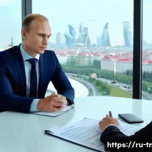 무역협상 연봉 협상 노하우 - A professional business meeting scene in a modern Moscow office, featuring a confident Russian man i...