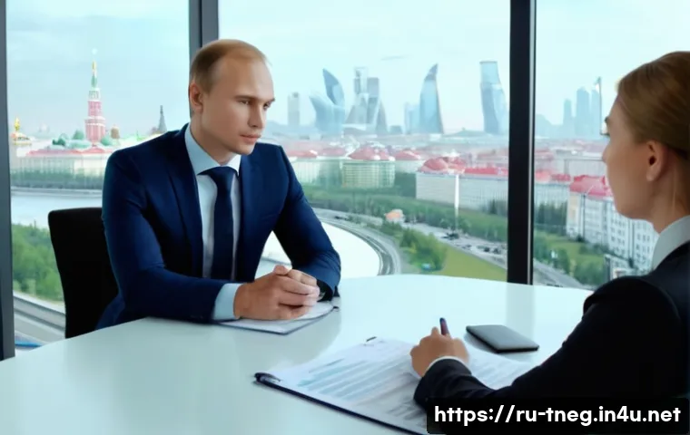 무역협상 연봉 협상 노하우 - A professional business meeting scene in a modern Moscow office, featuring a confident Russian man i...
