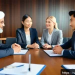 무역협상 실무에서 발생하는 주요 문제 해결 사례 - A professional international business negotiation scene set in a modern conference room, featuring a...