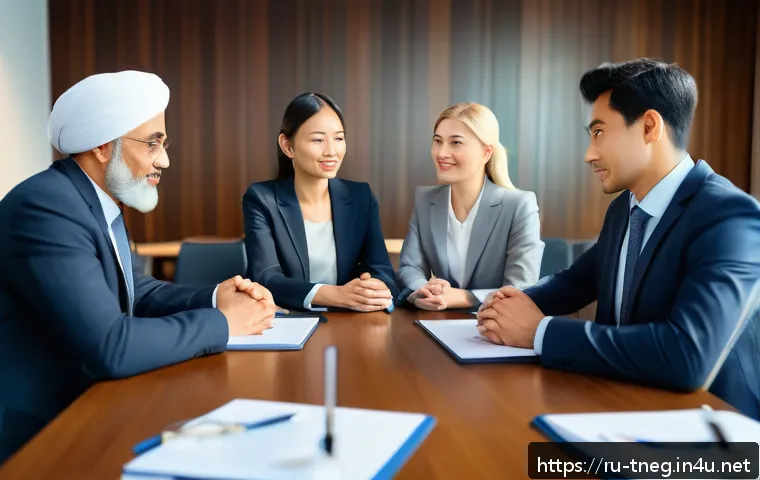 무역협상 실무에서 발생하는 주요 문제 해결 사례 - A professional international business negotiation scene set in a modern conference room, featuring a...
