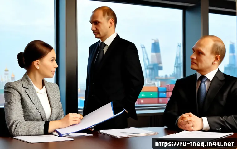 Home 17 무역협상 실무와 국제 무역 법률 간의 관계 - Photorealistic international trade negotiation in a modern Moscow business conference room, Russian ...